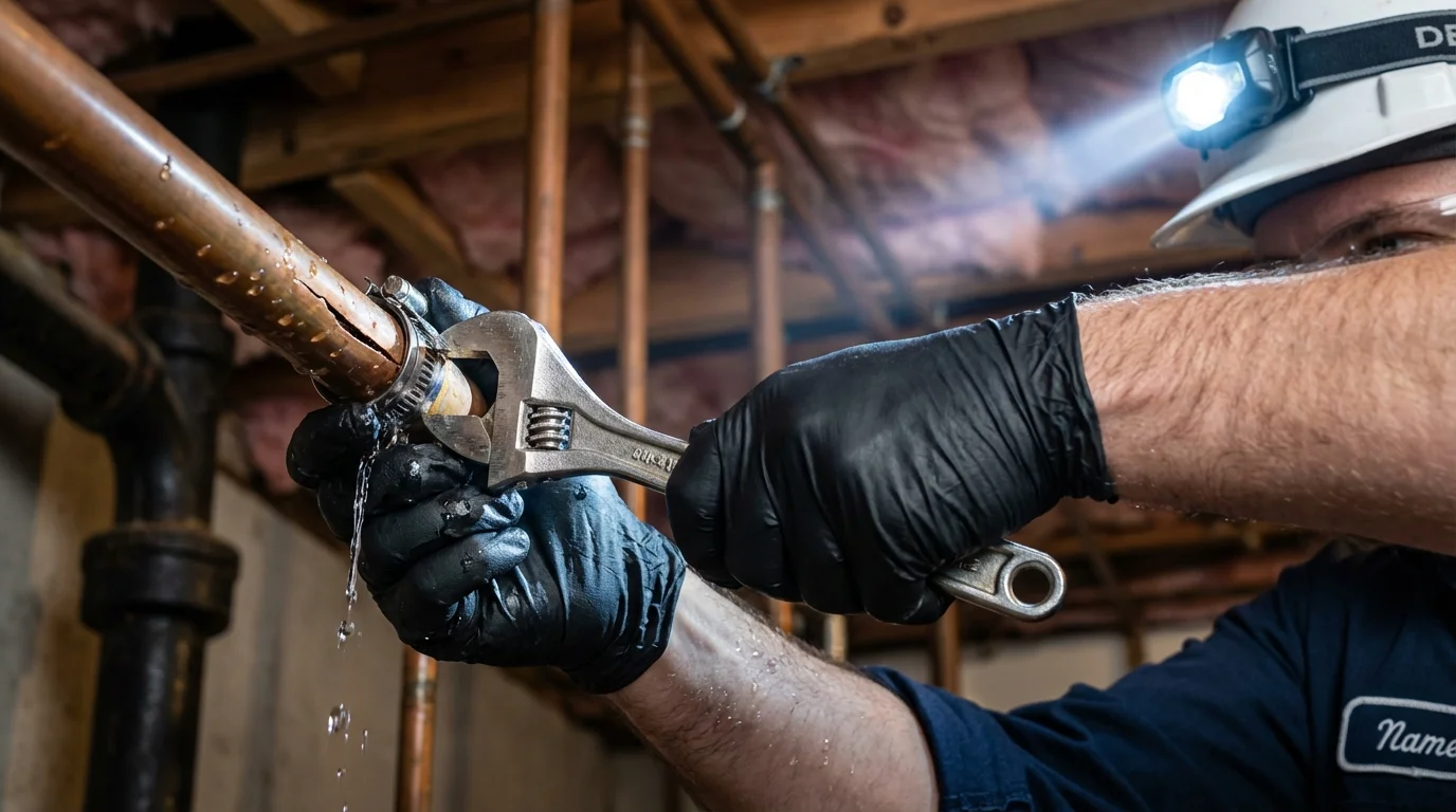 Emergency pipe clamp repair being performed by a Johns Plumbing LLC plumber in Wind Gap